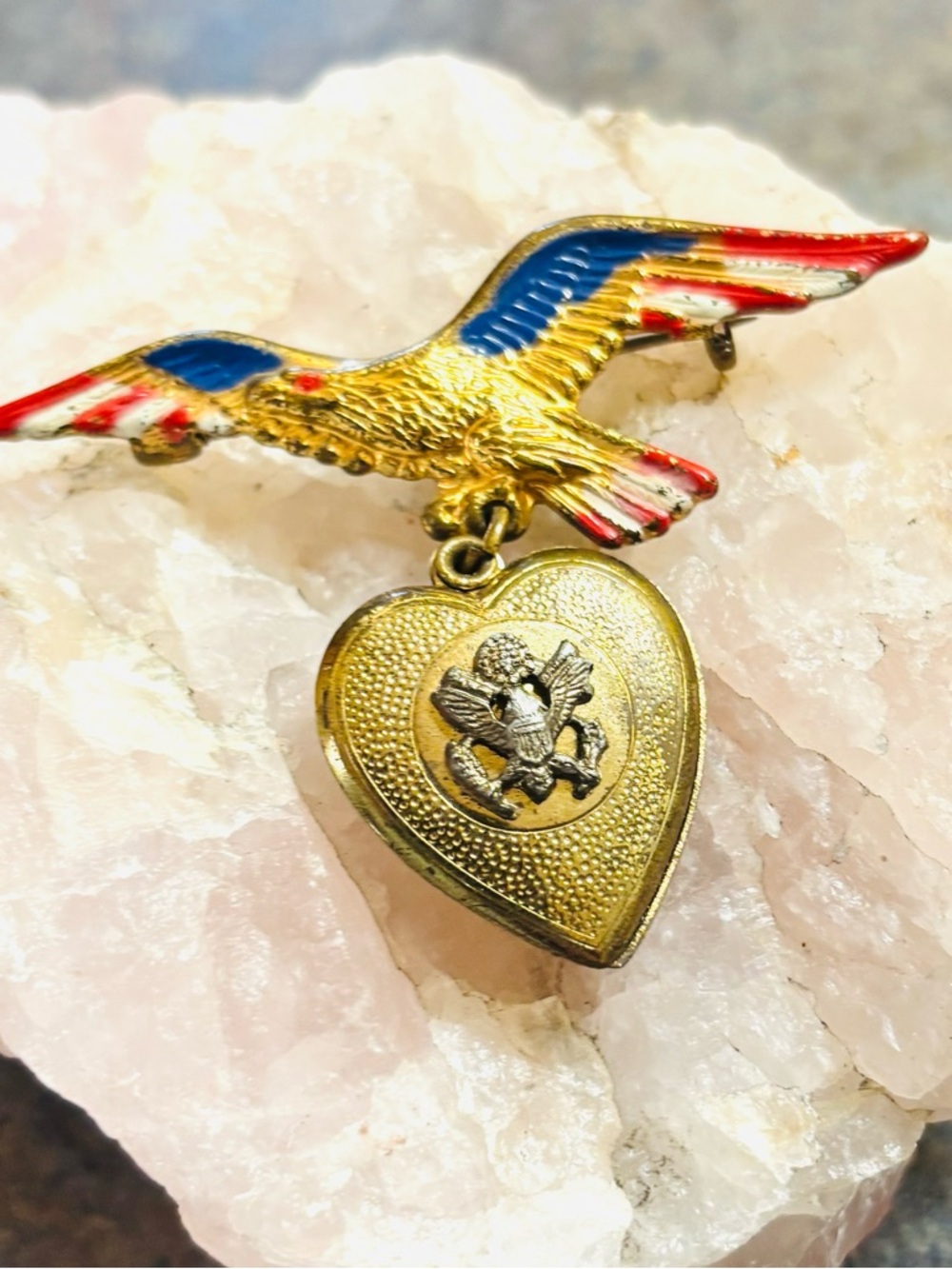 WWII Sweetheart Eagle Brooch Photo Heart Locket